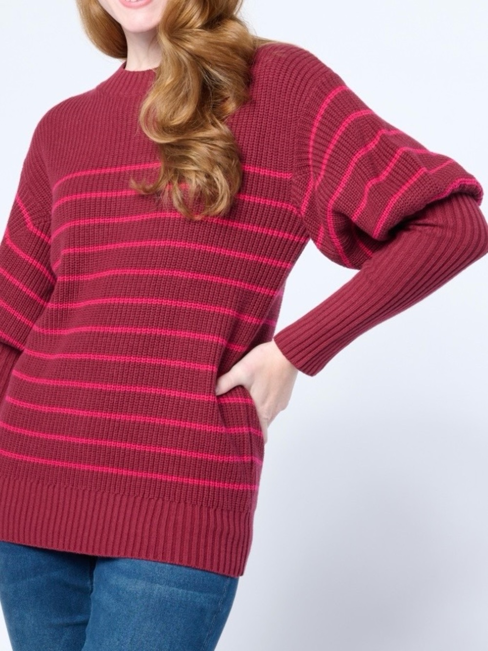 NWOT DG2 Women's Rib Striped Knit Juliette-Sleeve Sweater - Cabernet/Magenta